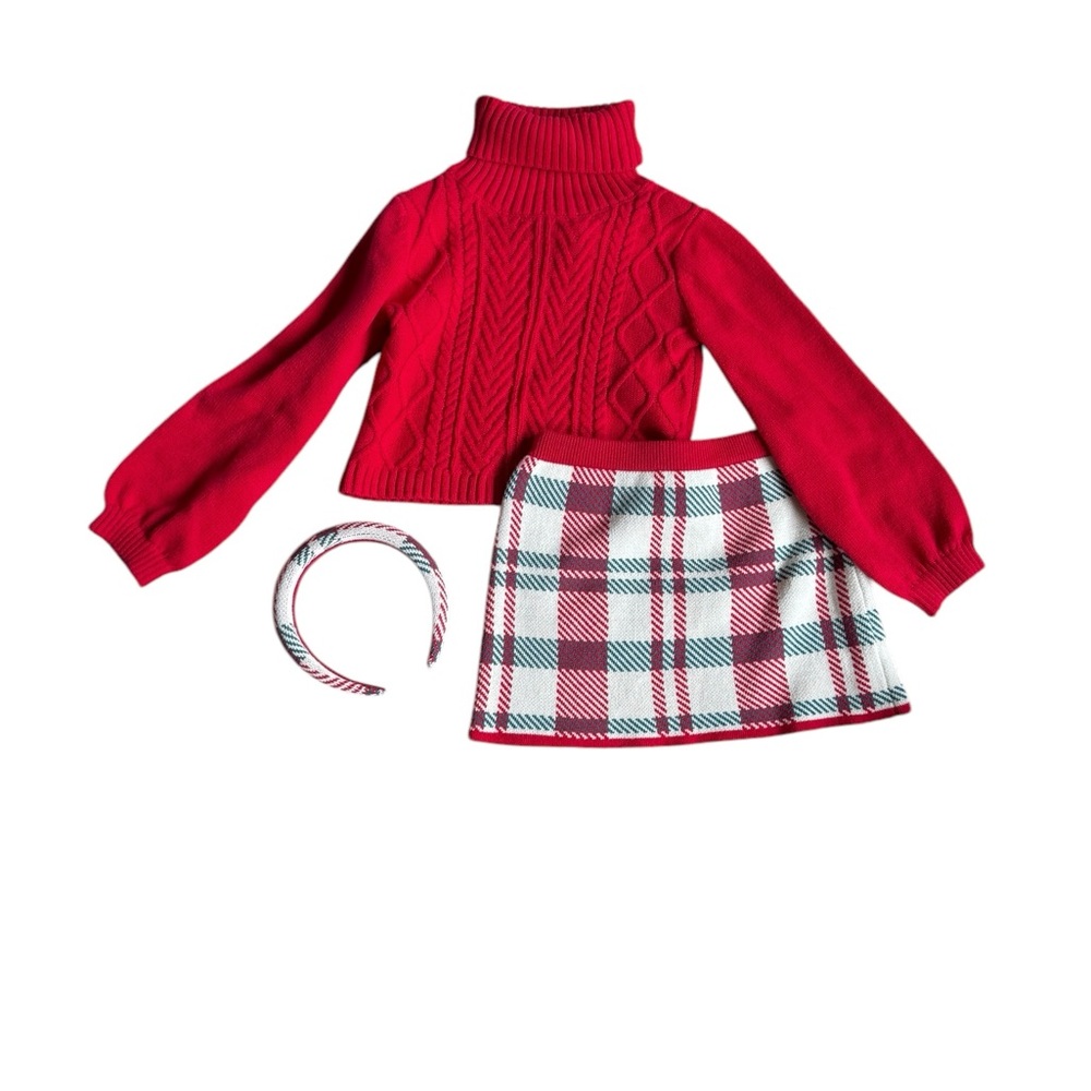 Tahari Red Turtleneck Sweater and Plaid Skirt Set